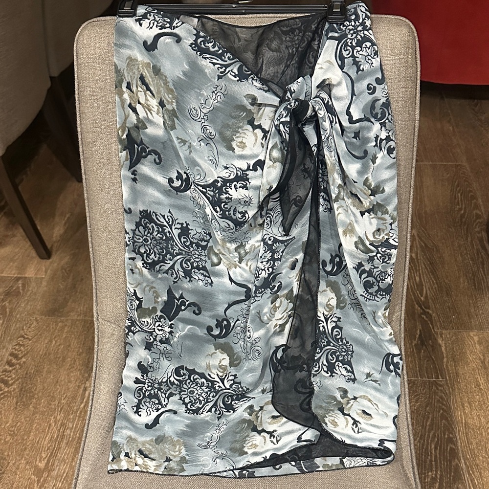 Floral Wrap Swim Skirt - Blue and White